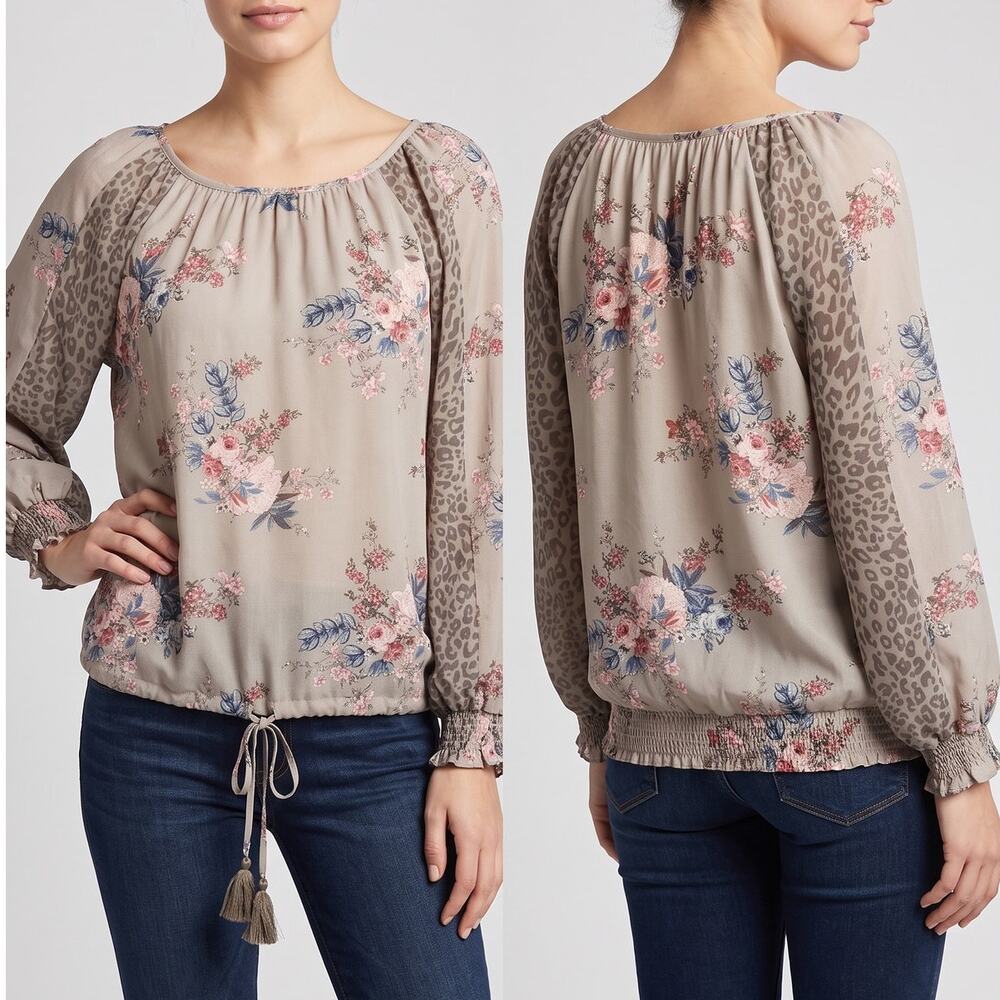 Cato est 1946 NEW NWT Medium Blouse Beige Taupe Gray Floral Long Sleeve